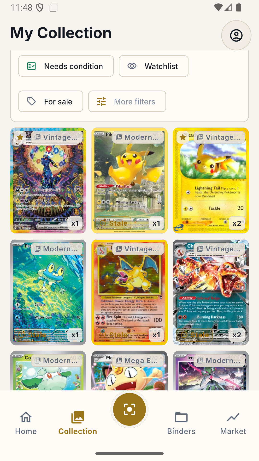 My Collection grid showing owned Pokémon cards with binder labels and quantities